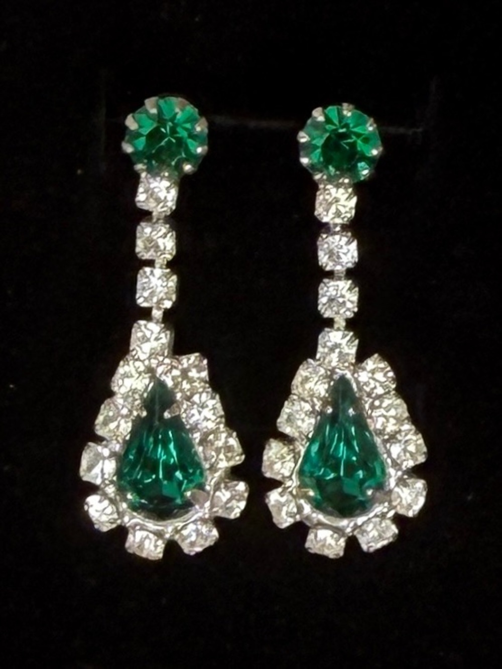 Vintage Green Clear Bling Teardrop Bling Drop Earrings Pierced